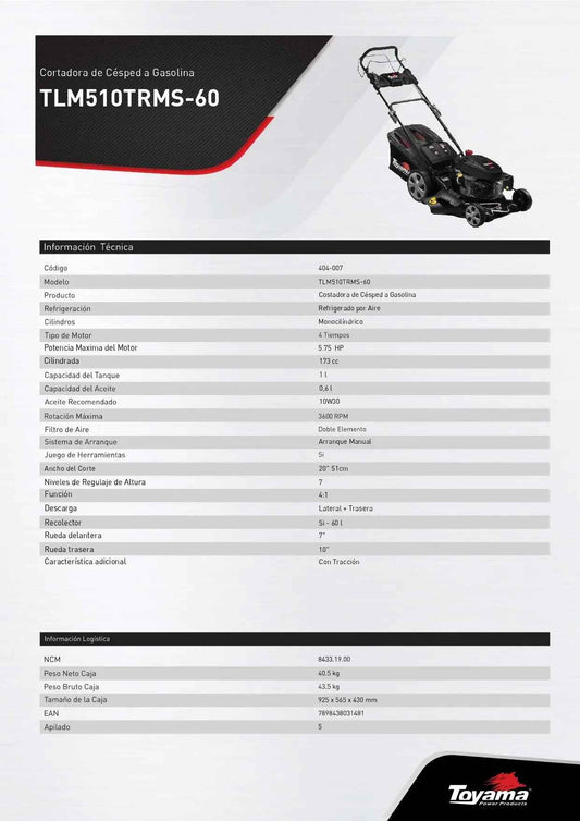 Cortacésped Toyama TLM510TRMS 173CC - Autopropulsada