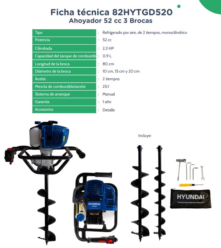 Ahoyador Hyundai 52cc + 3 brocas