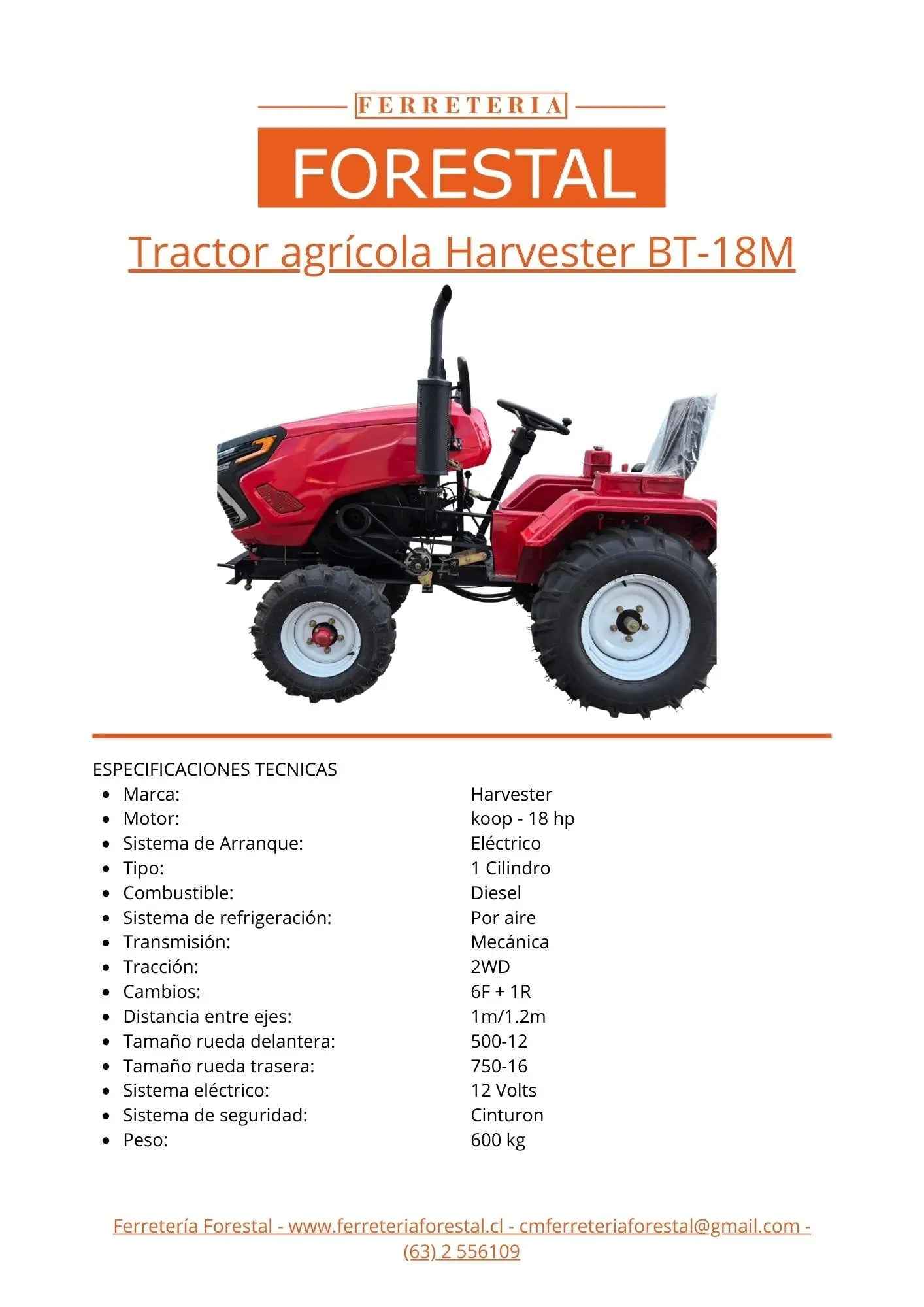 Tractor agrícola Harvester BT-18M Ferretería Forestal