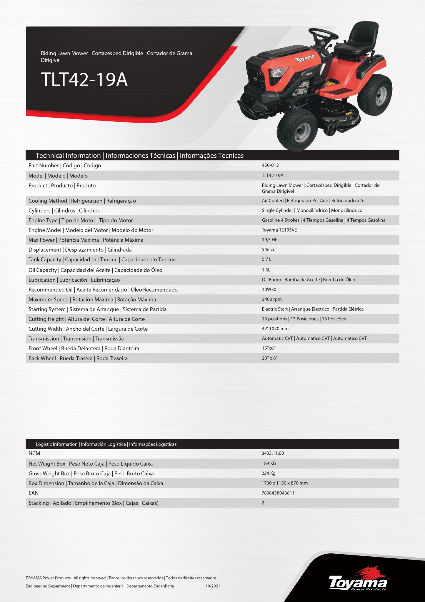 Tractor cortacesped Toyama TLT42 19HP