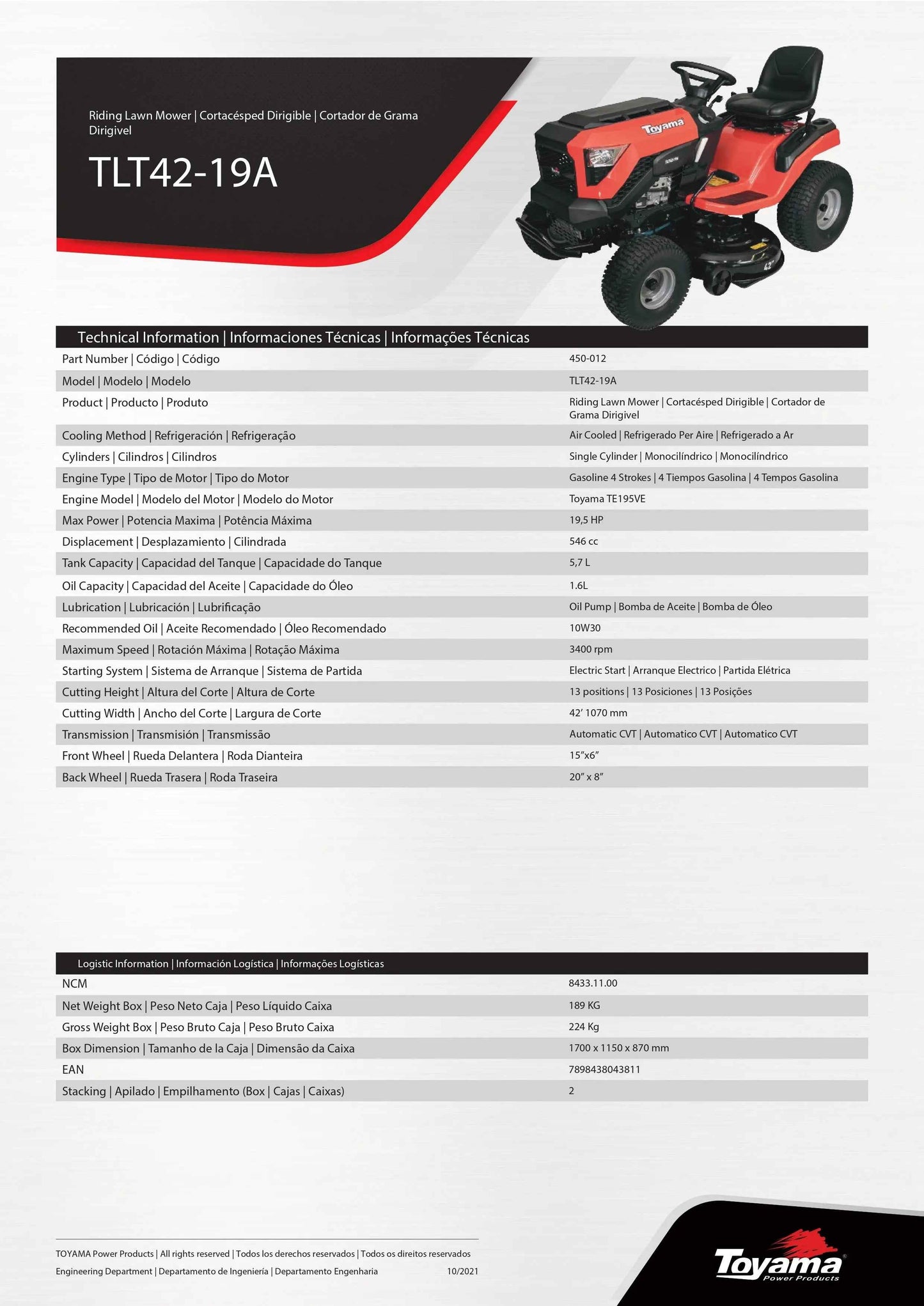 Tractor cortacesped Toyama TLT42 19HP