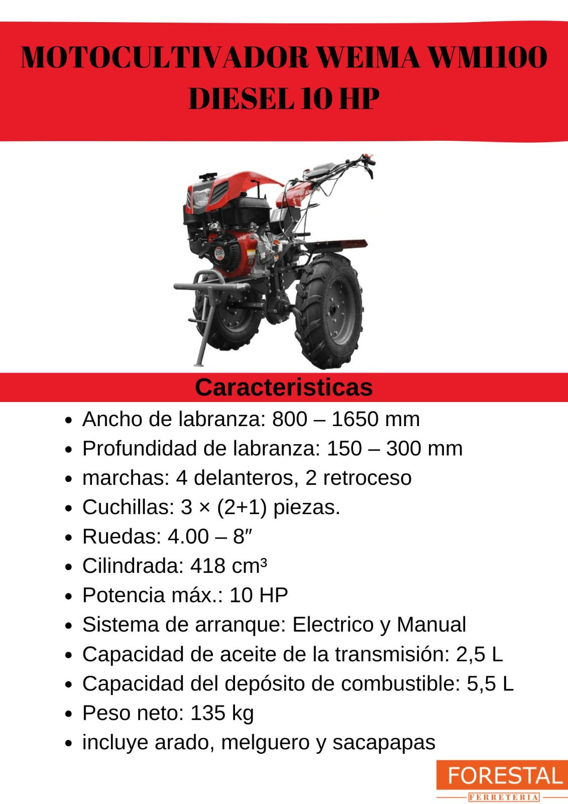 Motocultivador Weima WM1100 10hp Diesel