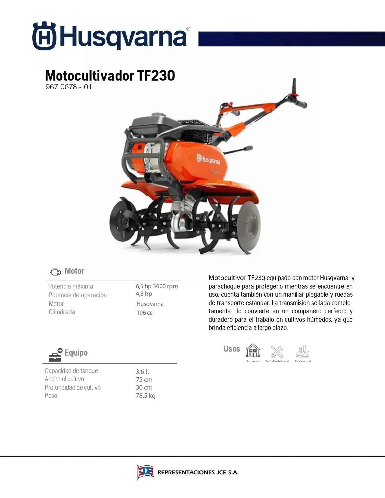 Motocultivador Husqvarna TF230 con accesorio