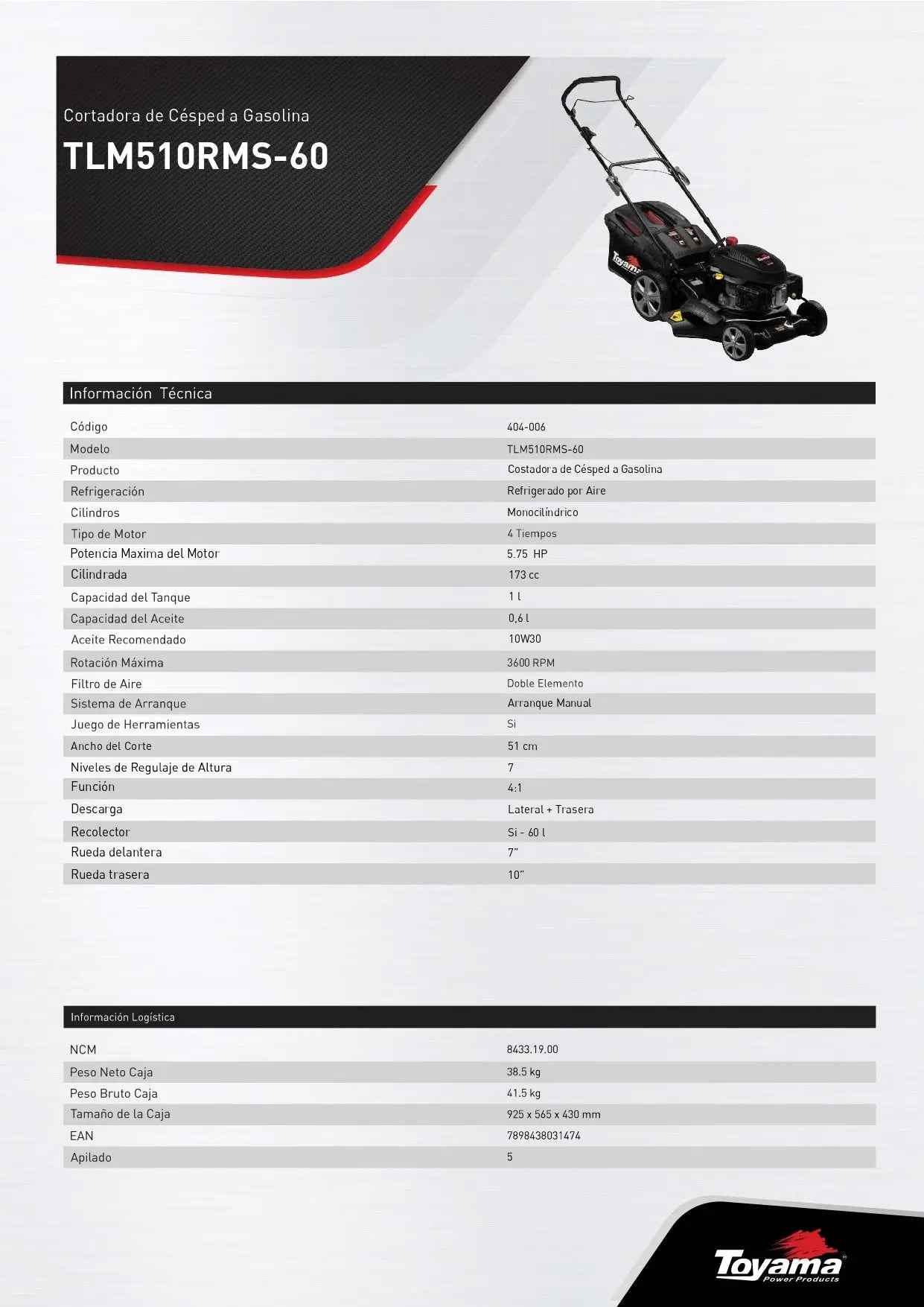 Cortacésped Toyama TLM510RMS 173CC