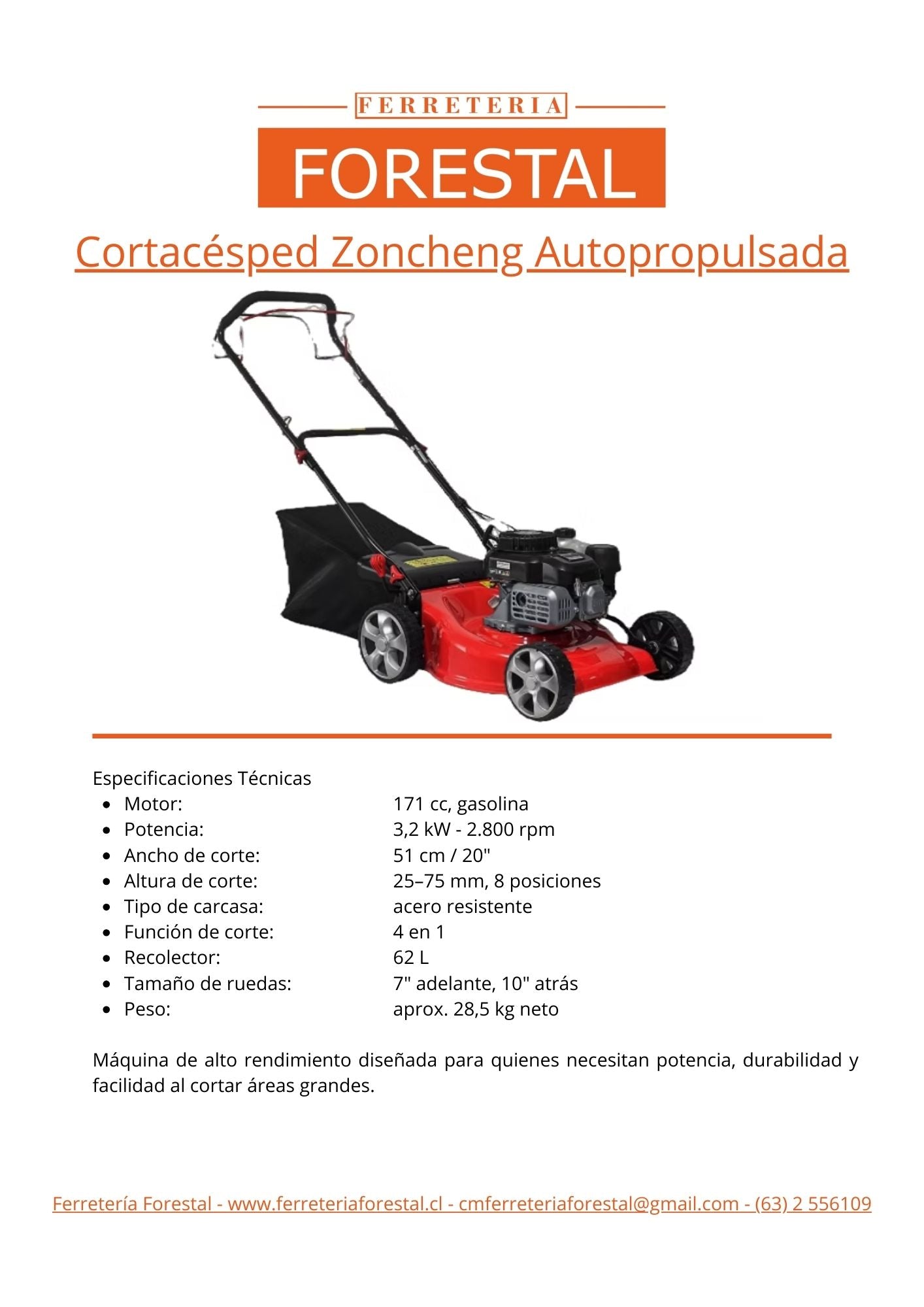 Cortacésped Zongcheng Autopropulsada 171cc