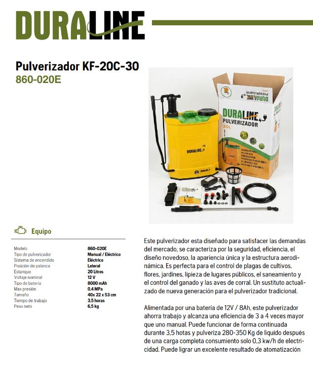 Pulverizador Duraline 20 Litros a bateria