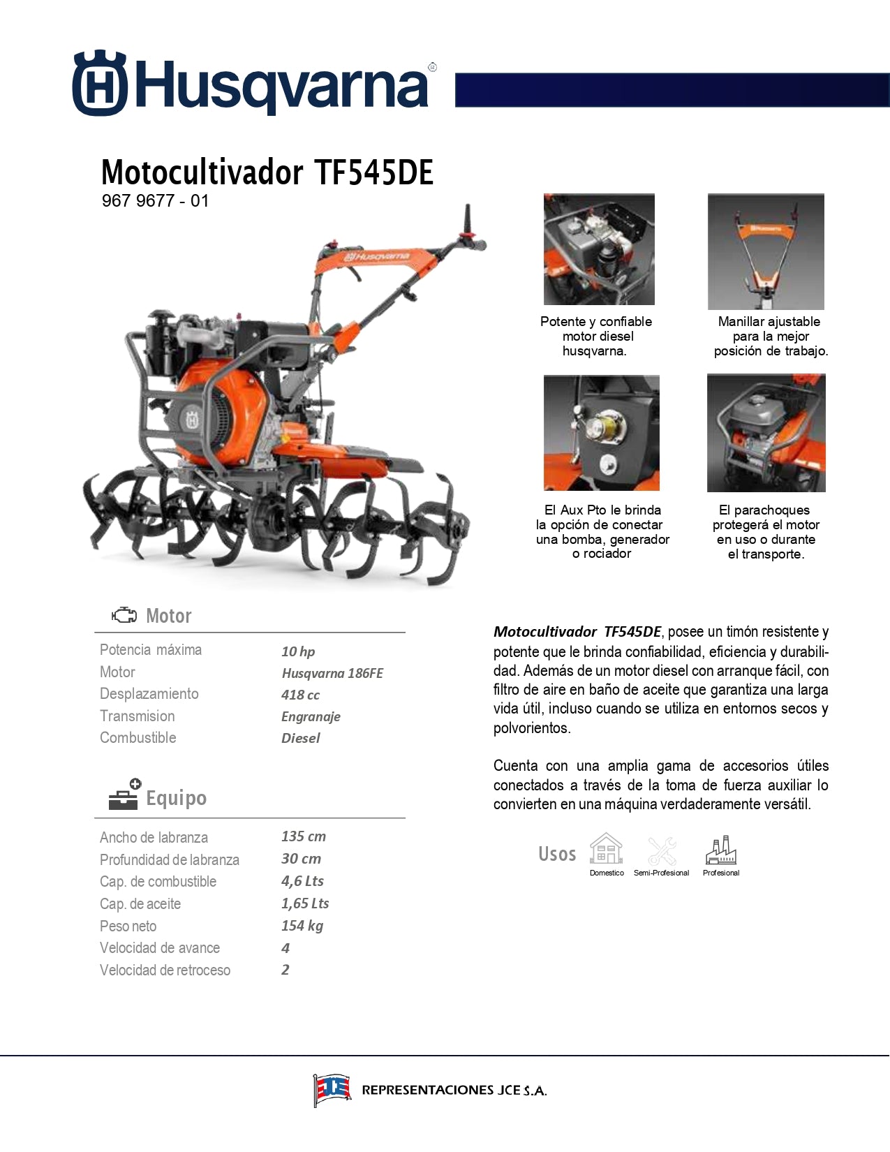 Motocultivador Husqvarna TF 545 con 4 Accesorios